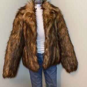 H&M Faux Fur Teddy Jacket in Brown